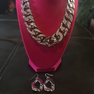 Silver link necklace and earrings set